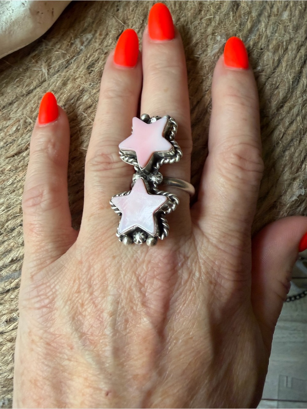 Eugene Belone Navajo Pink Conch Star Sterling Silver Double Ring - Picture 6 of 7